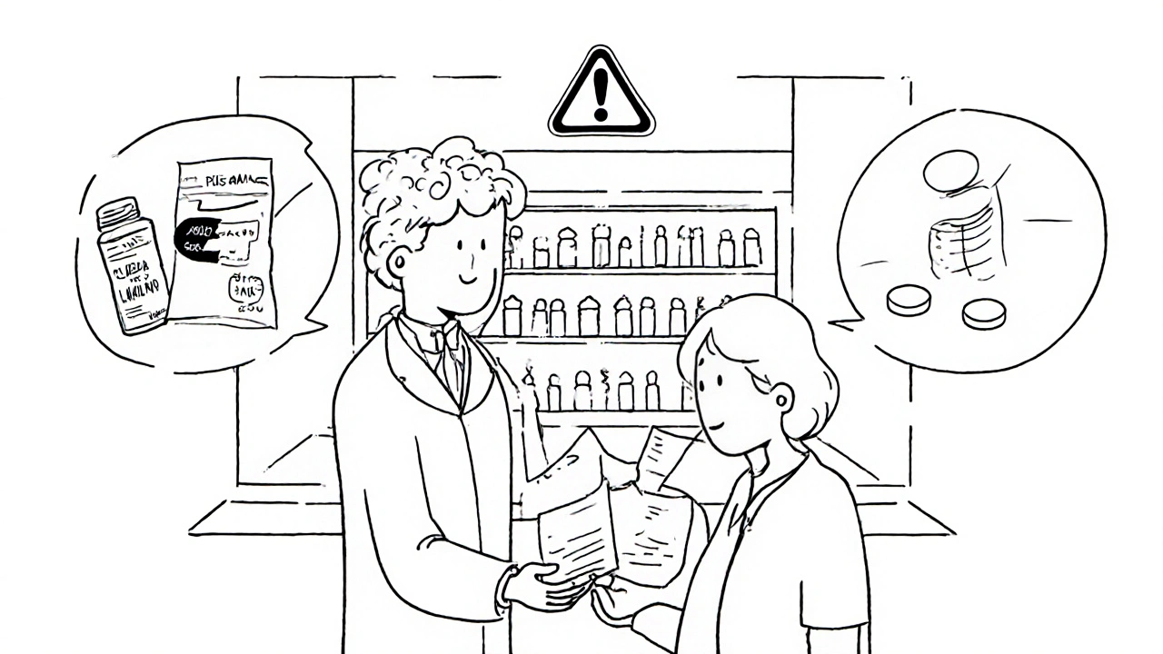 Pharmacien conseillant un patient sur interaction médicamenteuse.