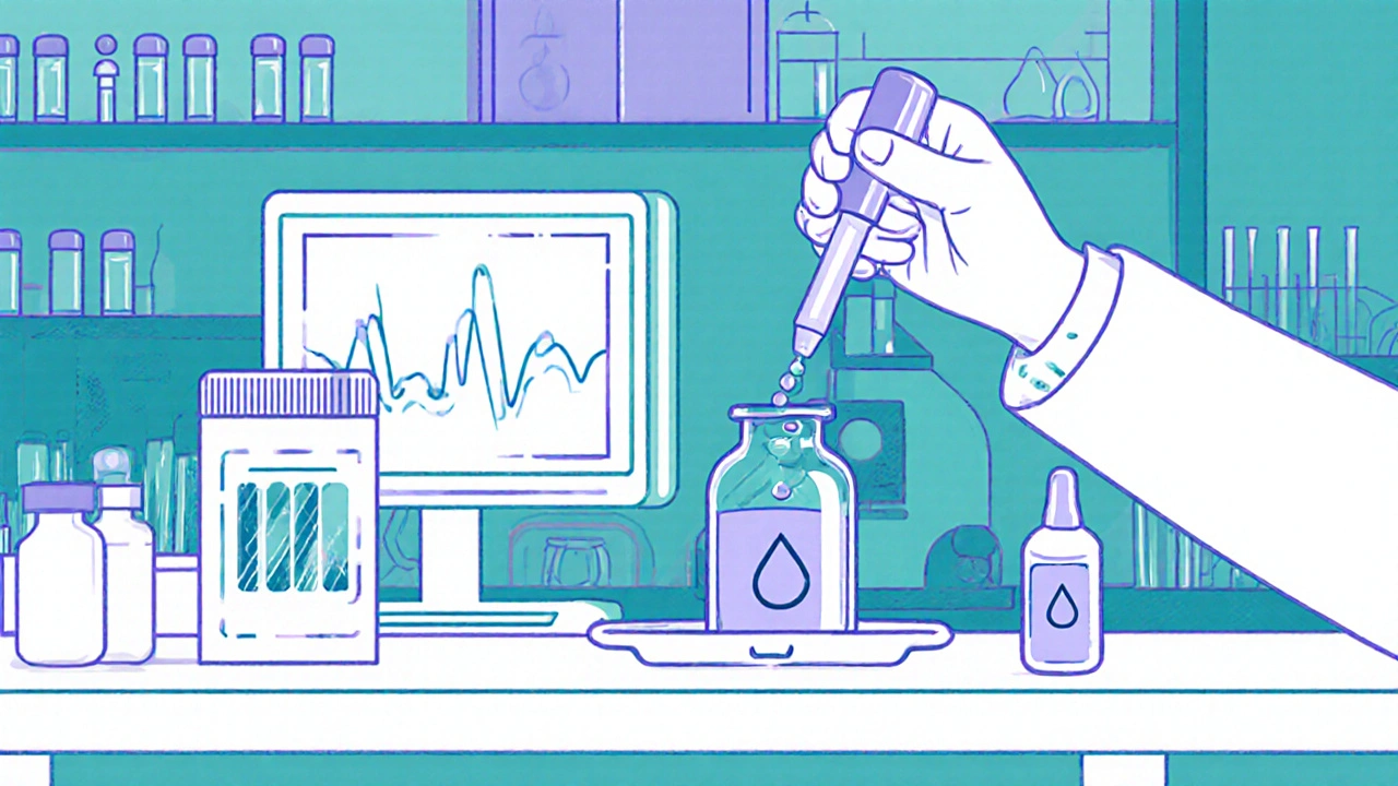 Scène de laboratoire avec nanoparticules liposomales et flacon de collyre à libération prolongée.