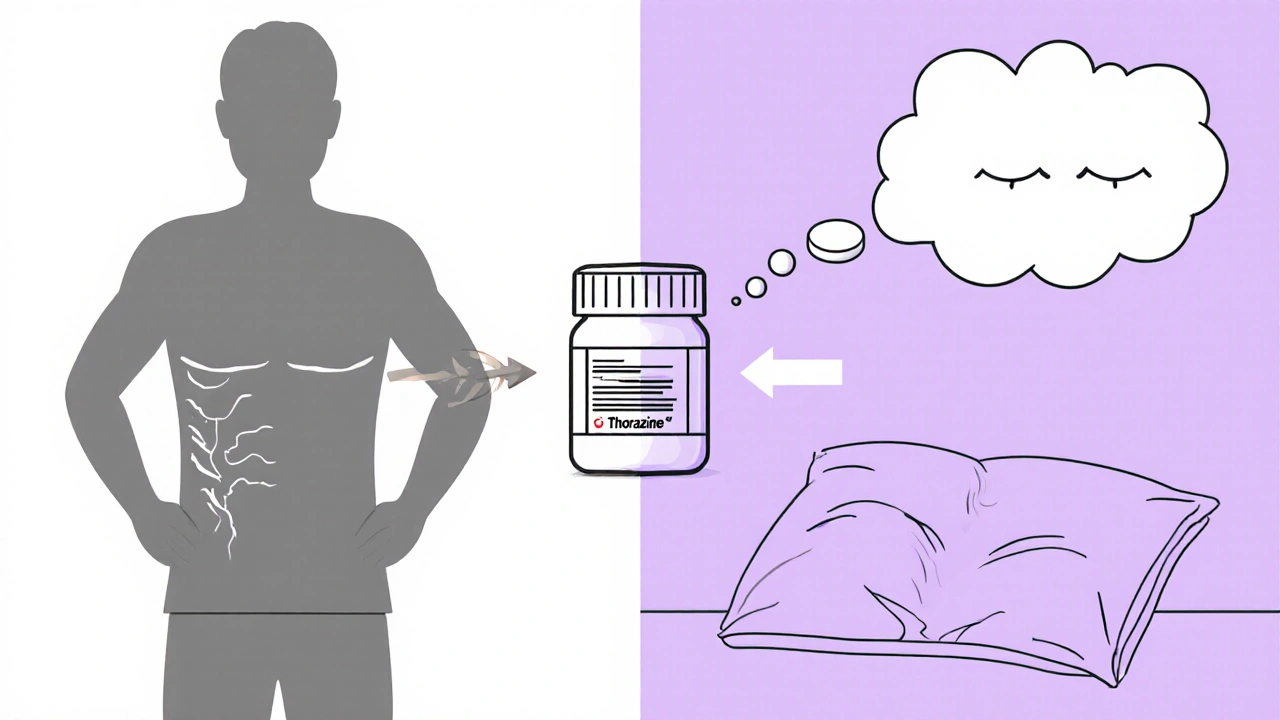 Scène divisée montrant effets extrapyramidaux d'un côté et sédation de l'autre autour d'un comprimé de Thorazine.
