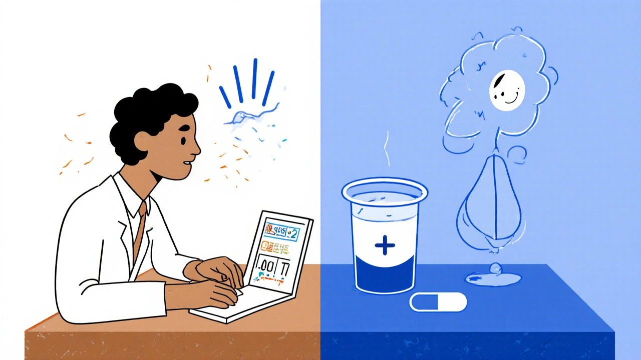Scène médicale montrant une glycémie basse et un médicament SGLT2 entraînant une infection urinaire.