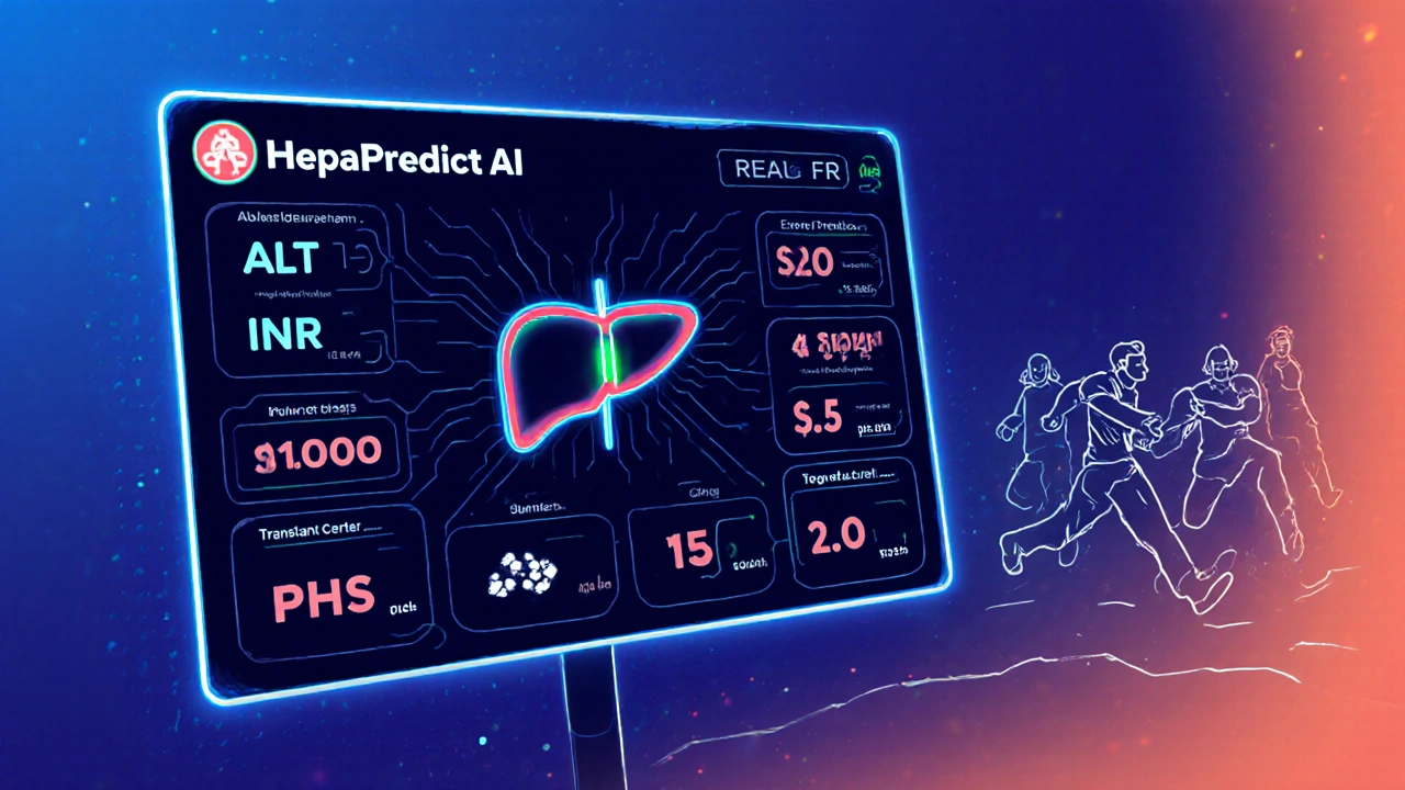 Tableau numérique d&#039;IA prédisant une récupération hépatique avec signaux de santé en cours.