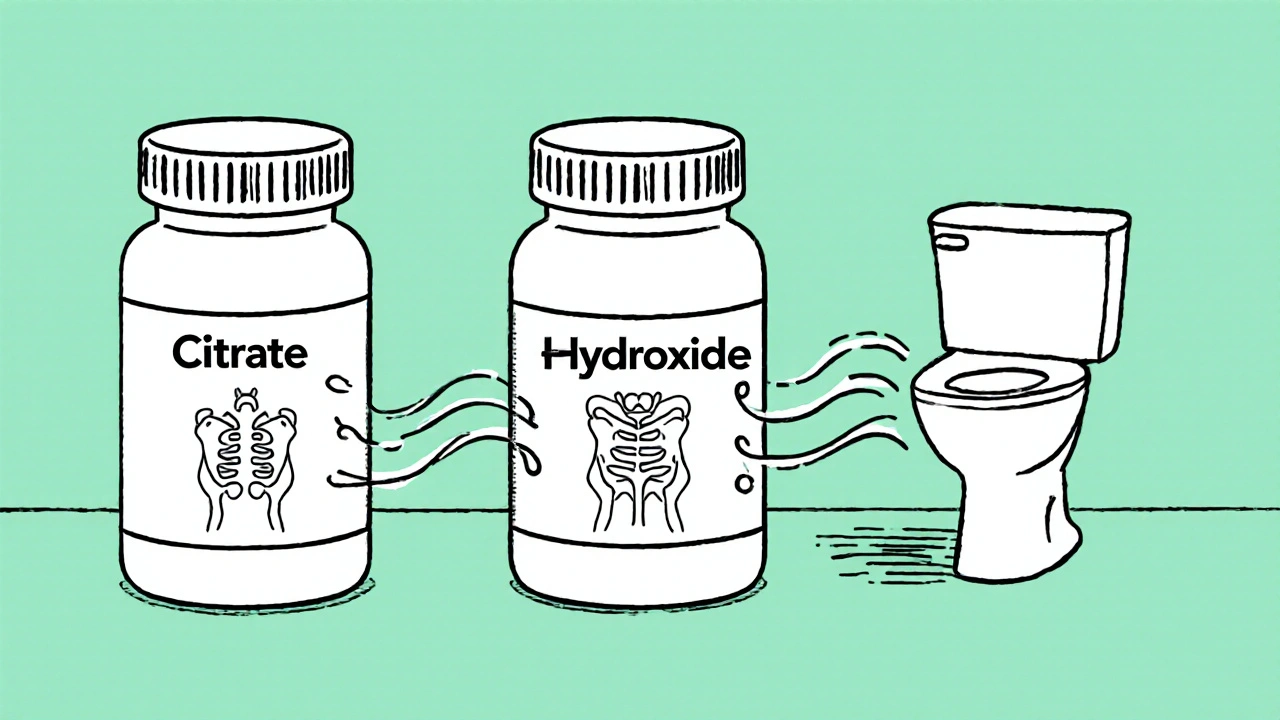 Trois bouteilles de suppléments : deux reliées à des os sains, l&#039;une dirigée vers les toilettes.