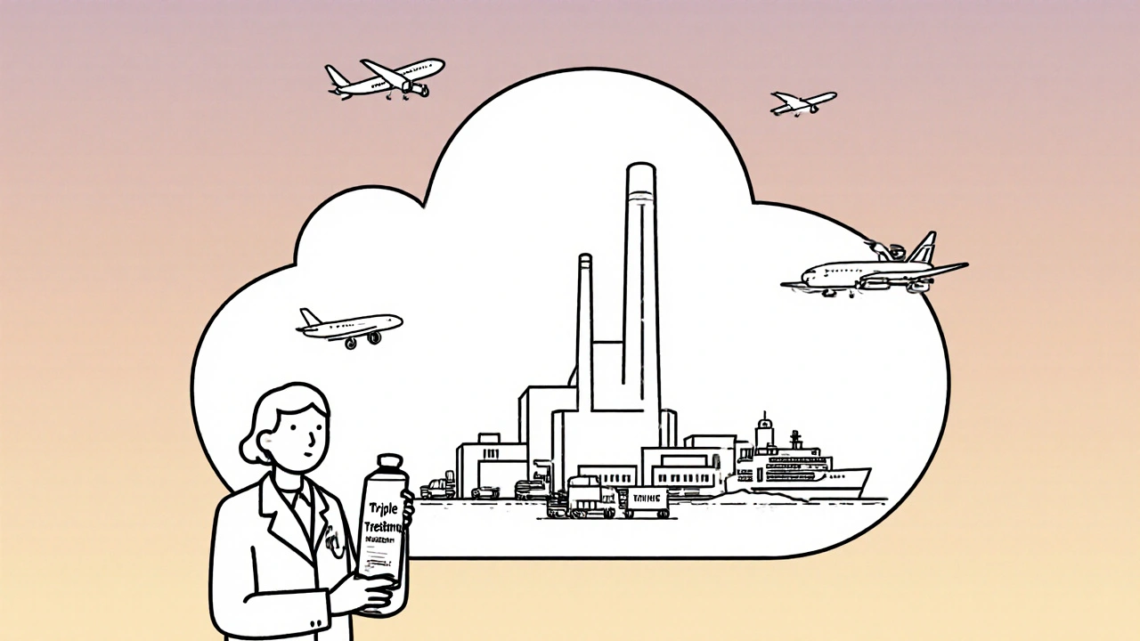 Tube de crème médicale entouré d&#039;une empreinte carbone géante avec transports globaux.