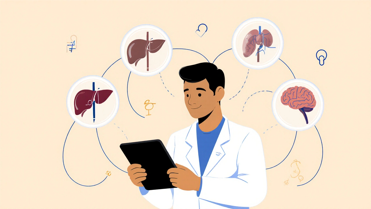 Un homme consulte un médecin en ligne, quatre pilules flottent autour d&#039;eux, reliées à des organes par des lignes fines.