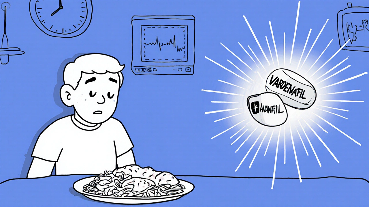 Un homme déconcerté près d&#039;un repas gras, une pilule éteinte et une autre brillante, symbolisant l&#039;efficacité face aux aliments.