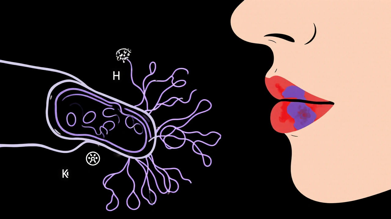 Vue monoligne du virus HHV‑8 infiltrant les cellules endothéliales et provoquant des vaisseaux et une lésion buccale.