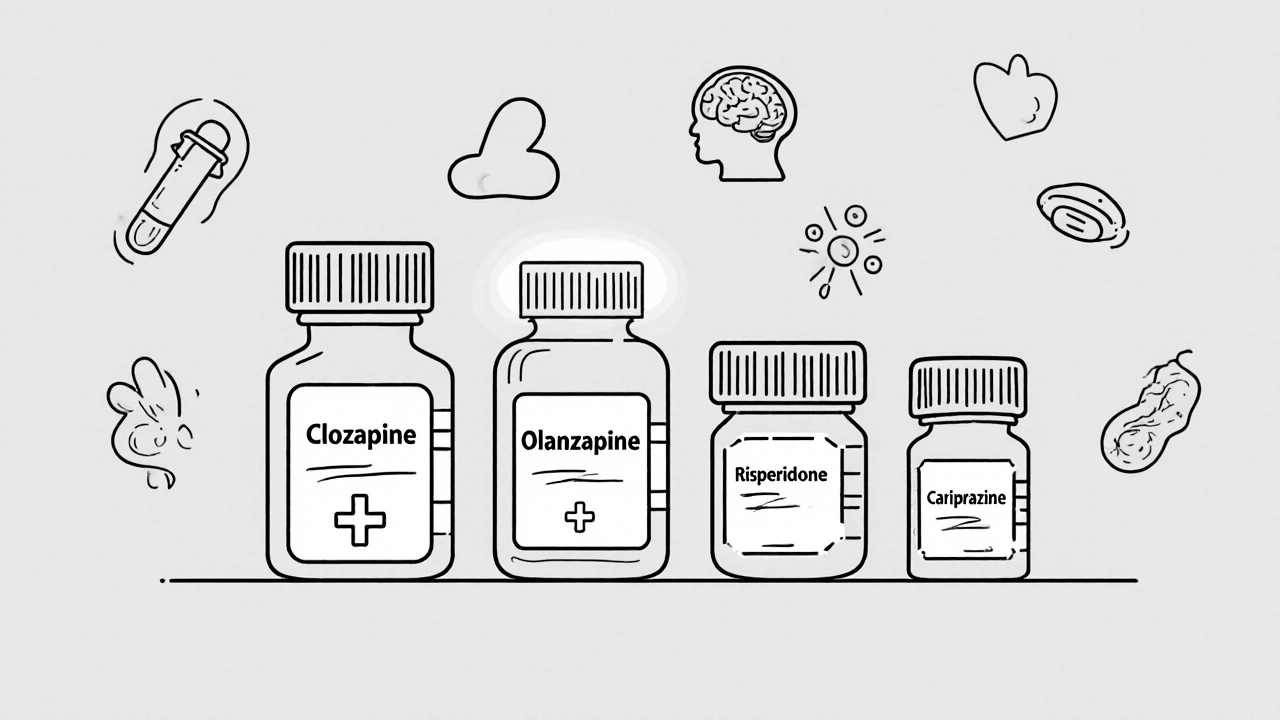 Bouteilles de médicaments comparées, la clozapine en haut avec un éclat subtil.
