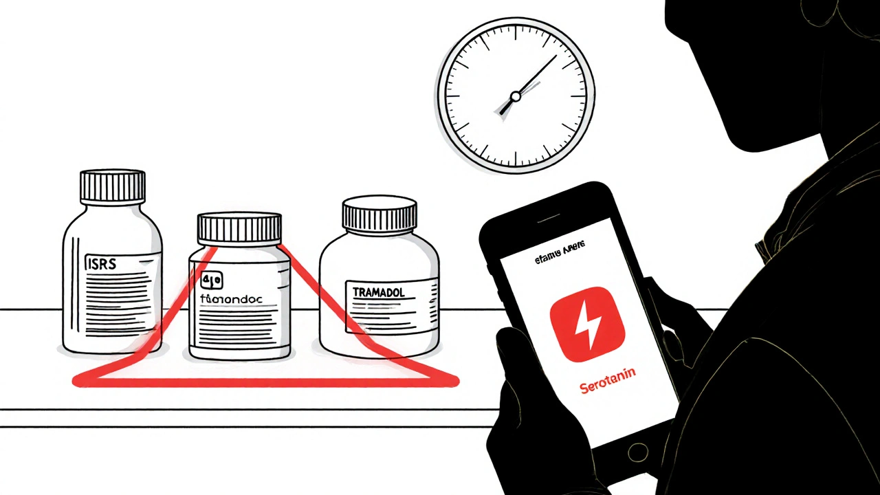 Bouteilles de médicaments reliées par un avertissement rouge, avec une application mobile affichant un risque de syndrome sérotoninergique.