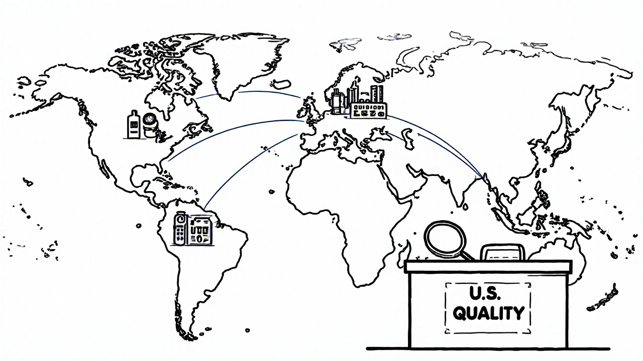 Carte mondiale avec des lignes reliant les usines de génériques aux États-Unis, une loupe vérifie la qualité d&#039;un comprimé.