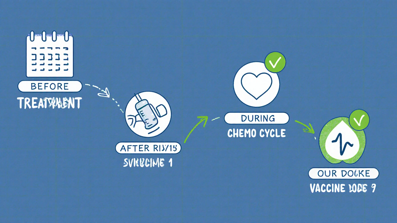 Chronologie visuelle des étapes de vaccination pour un patient sous immunosuppresseurs.