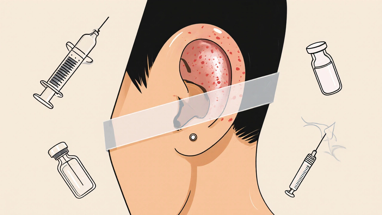 Cicatrice kéloidienne sur un piercing avec bande de silicone.