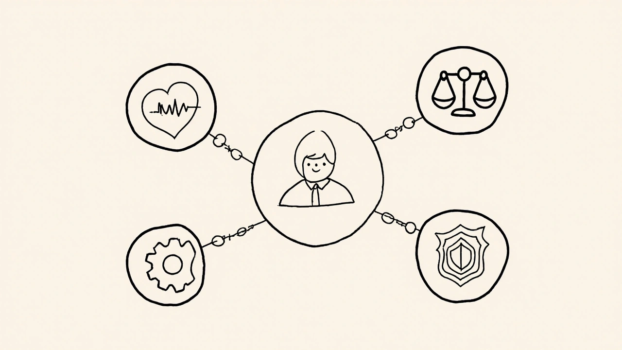 Cinq départements de l&#039;OGD représentés par des icônes circulaires reliées à un directeur central, dessinés en lignes continues.