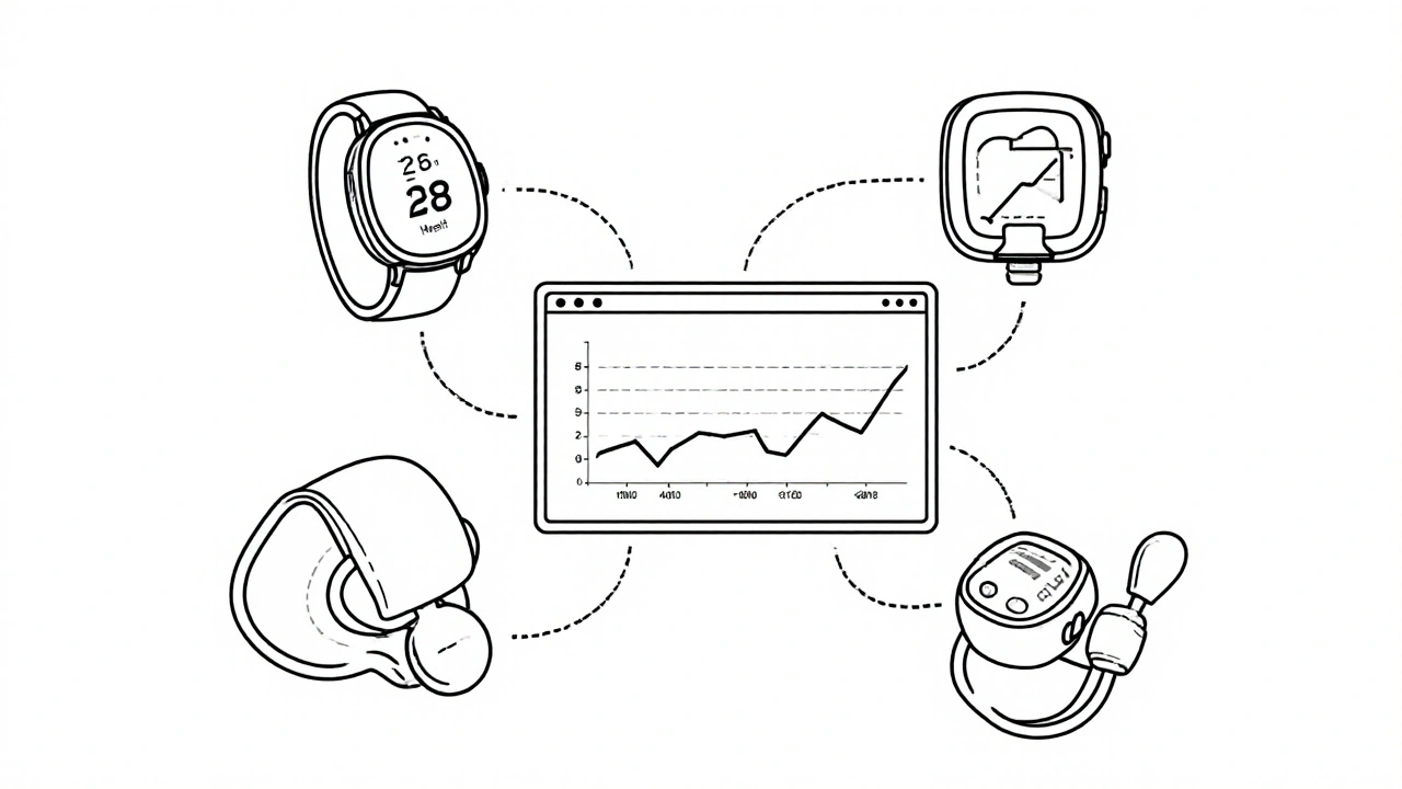 Des appareils connectés synchronisent des données de santé avec une application médicale.