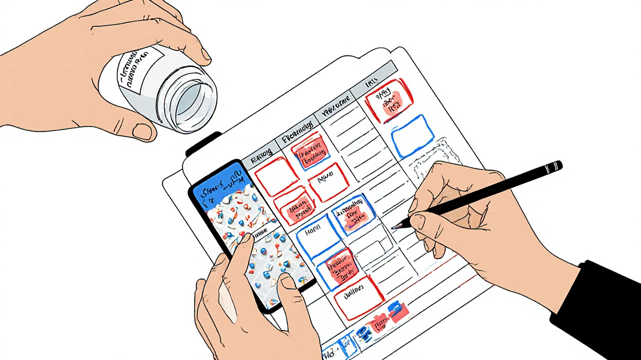 Des mains collaborant pour organiser un planning hebdomadaire de médicaments avec des couleurs et des photos.