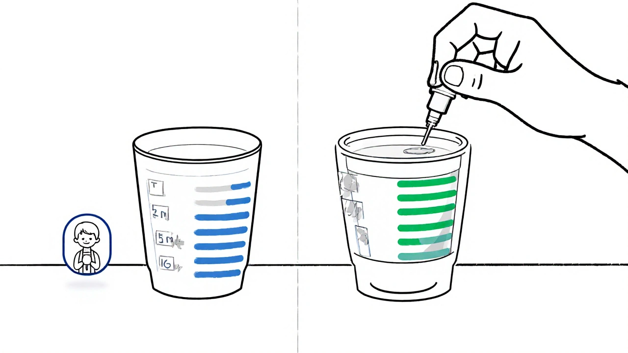 Deux coupelles de mesure : l&#039;une classique, l&#039;autre avec marques en relief et couleurs distinctes.