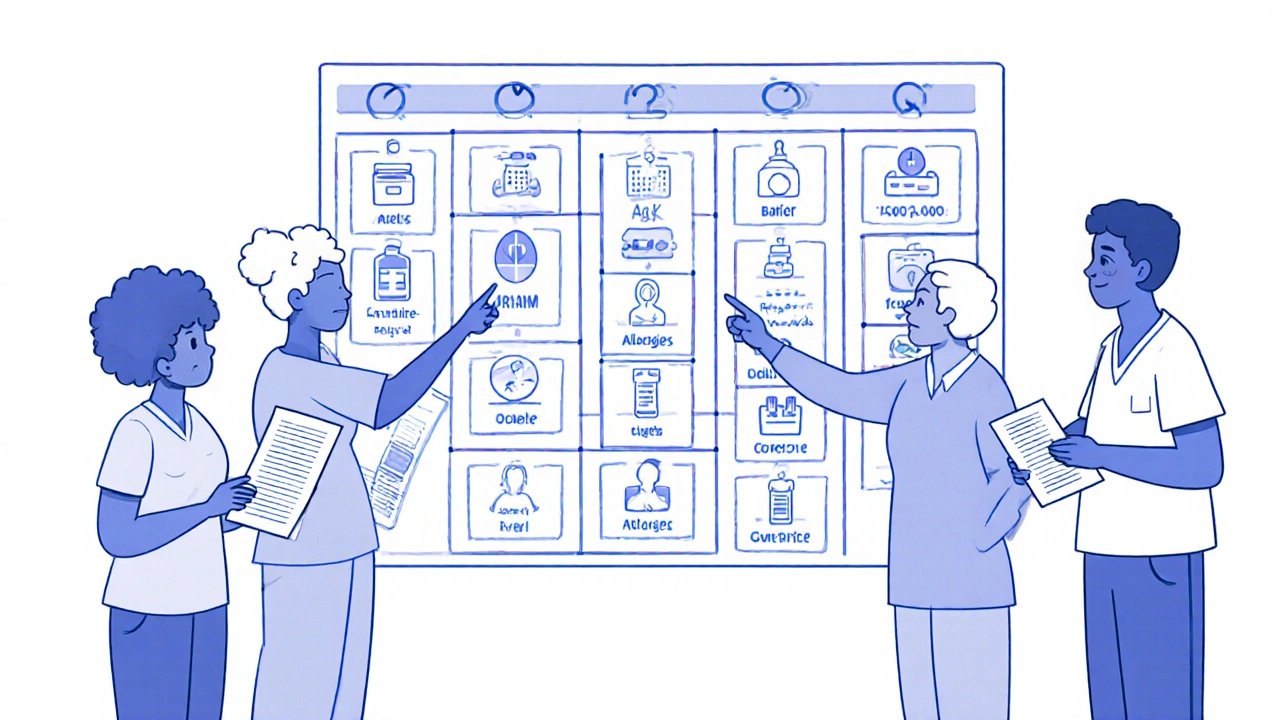 Équipe médicale révisant une charte de médicaments avec des patients portant leurs listes personnelles.
