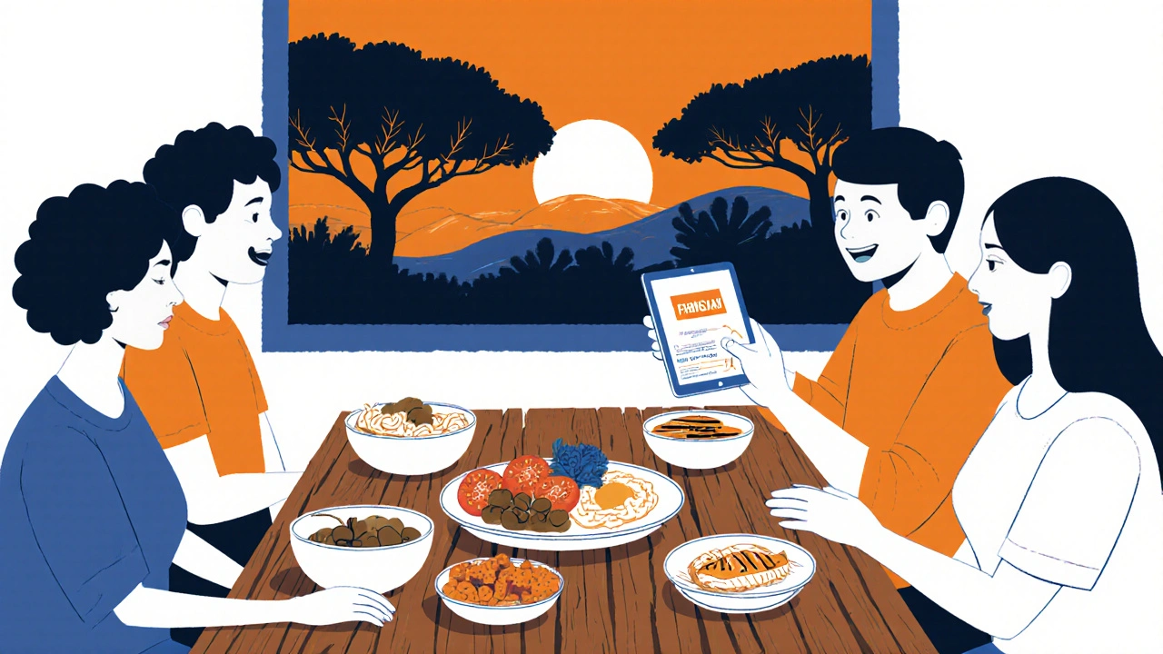 Groupe de personnes partageant un repas méditerranéen, avec un résultat de FibroScan en arrière-plan, symbolisant la guérison par l&#039;alimentation.