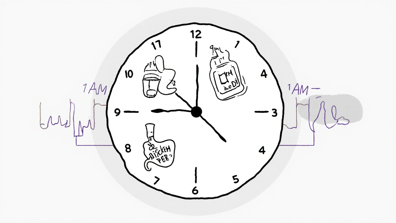 Horloge de 24 heures montrant le timing idéal pour prendre un antifongique avant un bloqueur H2, en illustration monoline.