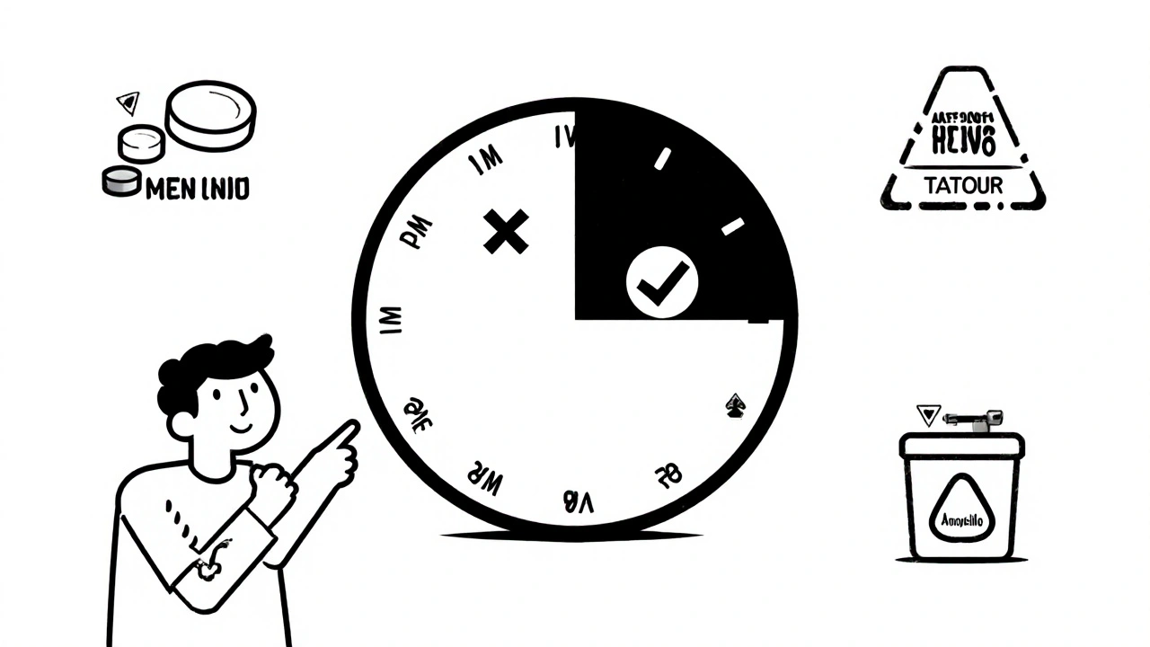 Horloge divisée montrant quand reprendre ou sauter une dose médicamenteuse.