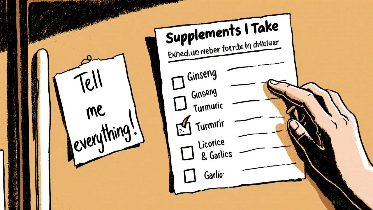 Liste de suppléments sur un réfrigérateur avec une note du médecin demandant de tout déclarer.
