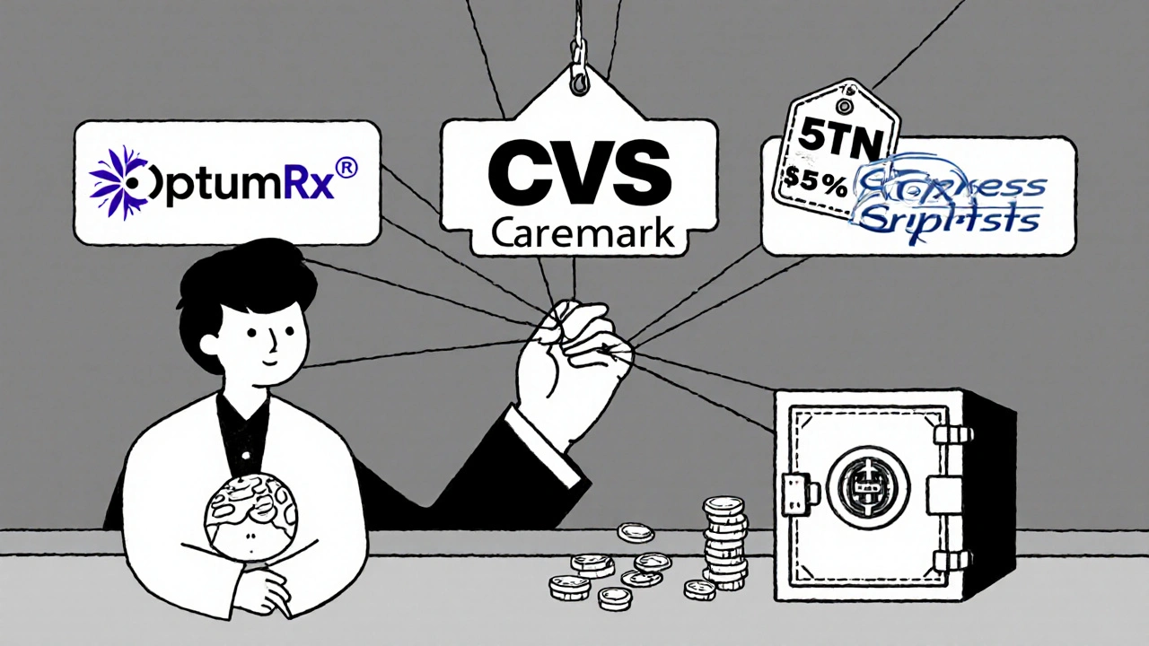 Main cachée reliant trois gestionnaires de prestations pharmaceutiques à un coffre-fort d&#039;économies.