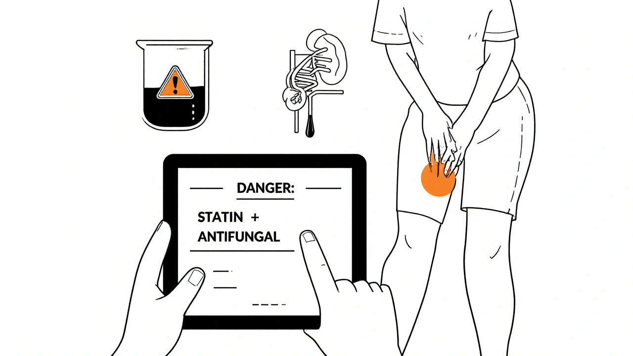 Médecin voyant une alerte de risque, patient avec douleur musculaire et urine foncée en arrière-plan.