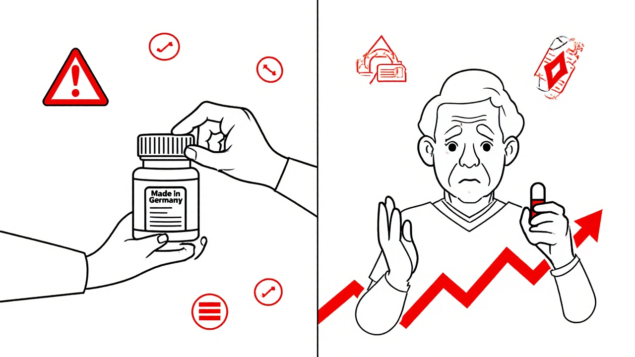 Patient sécurisé à gauche, patient en danger à droite, sans indication d&#039;origine sur le médicament.