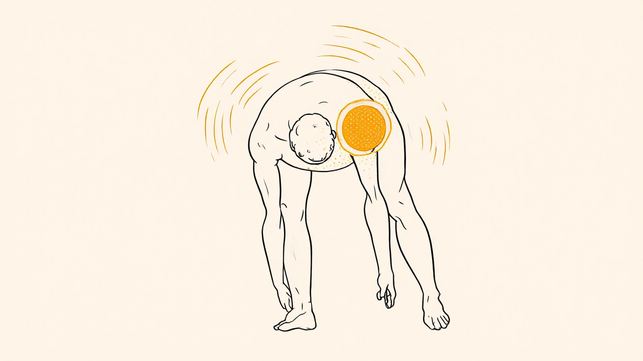 Personne effectuant l&#039;exercice du pendule pour soulager une épaule gelée avec chaleur douce.