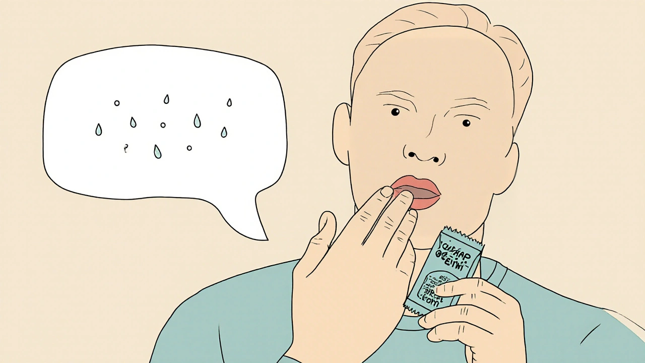 Personne en conversation avec une gomme sans sucre, montrant les signes d&#039;une bouche sèche.