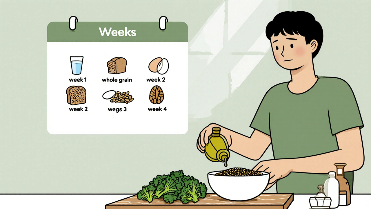 Personne préparant un repas sain avec des légumes, de l&#039;huile d&#039;olive et des lentilles, suivant un plan hebdomadaire de transition alimentaire.