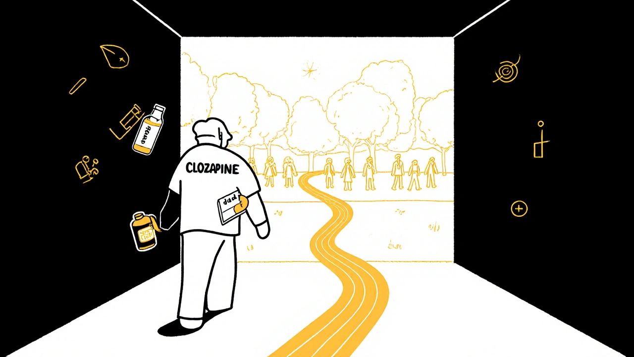 Personne sortant d&#039;un couloir sombre vers un parc lumineux avec des symboles de réhabilitation.