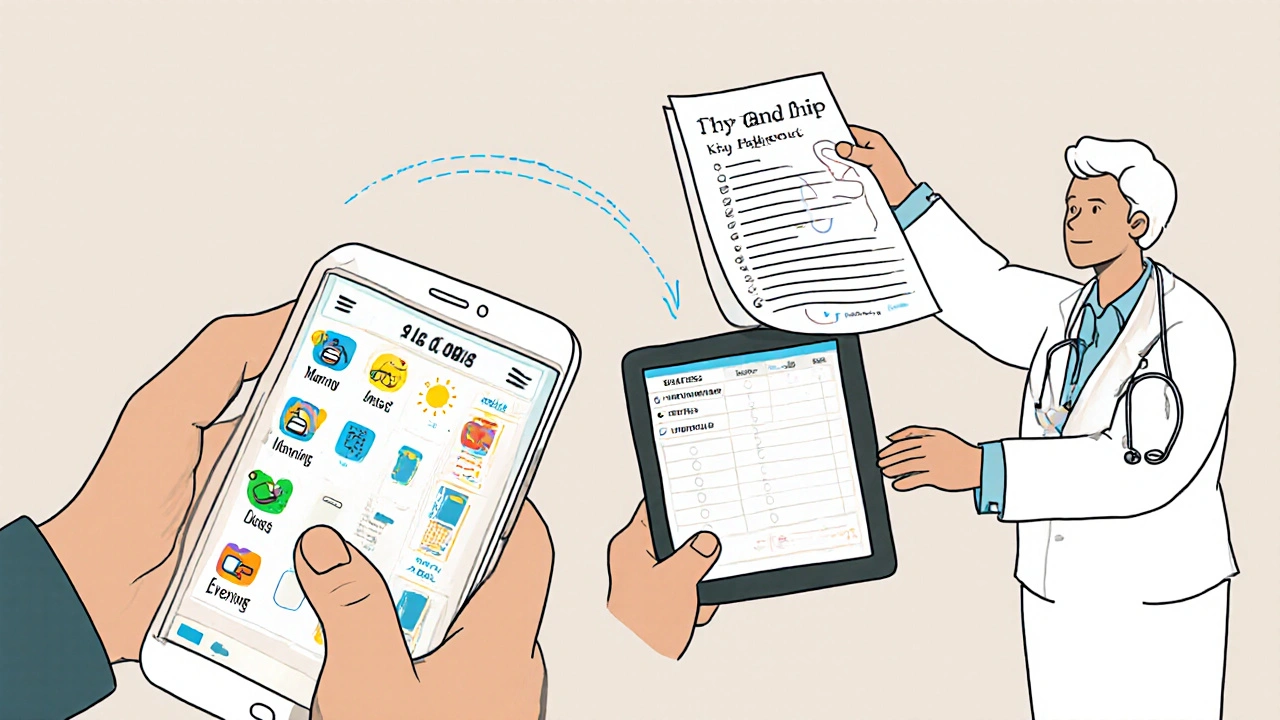 Personne utilisant une application de médicaments avec un pharmacien vérifiant les données synchronisées.