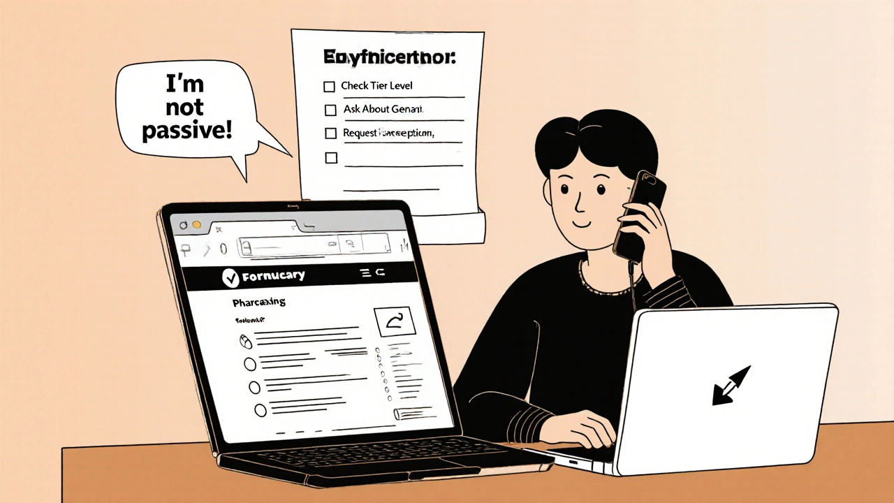 Personne vérifiant son plan santé à la maison avec une checklist et un appel à son pharmacien.