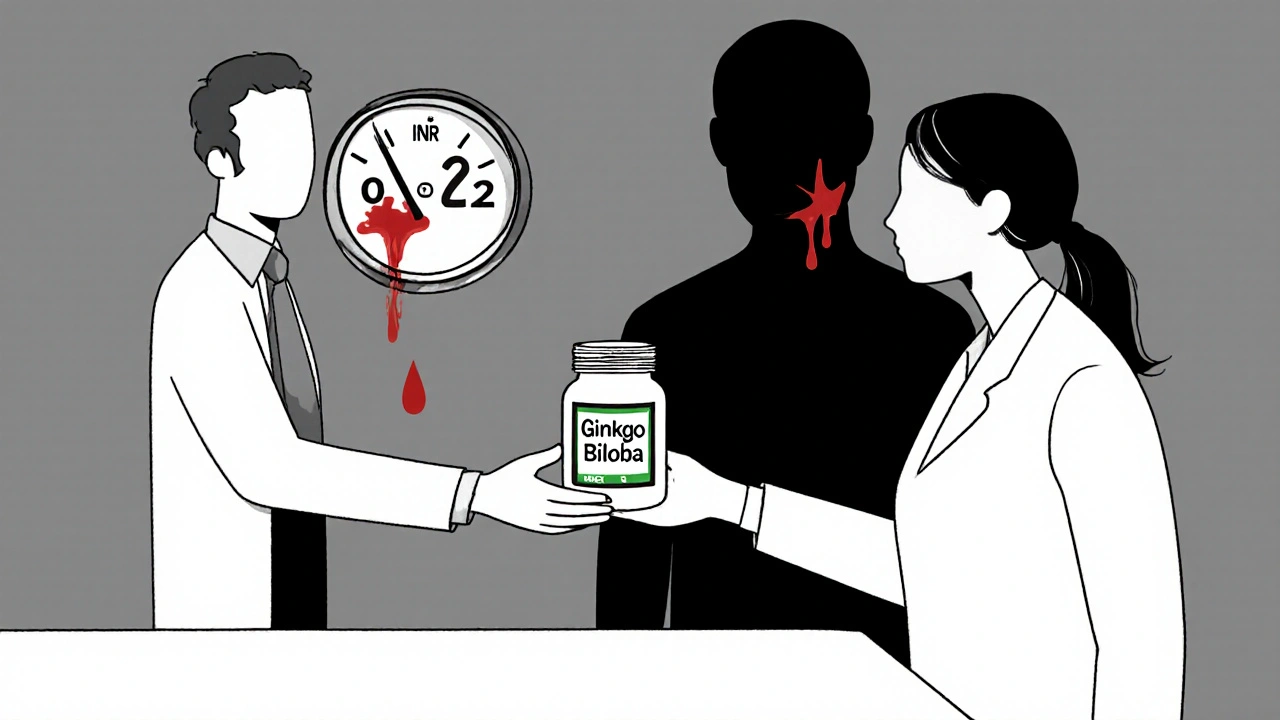 Pharmacie avec un client et un pharmacien, une ombre de saignement en arrière-plan.