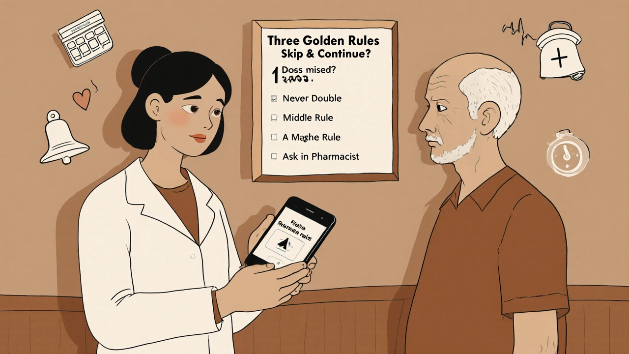 Pharmacien aidant un patient avec un téléphone et un tableau des règles de sécurité.