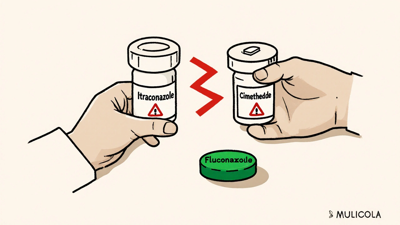 Pharmacien offrant deux pilules : l&#039;une dangereuse avec la cimétidine, l&#039;autre sûre avec la fluconazole, en dessin linéaire minimaliste.