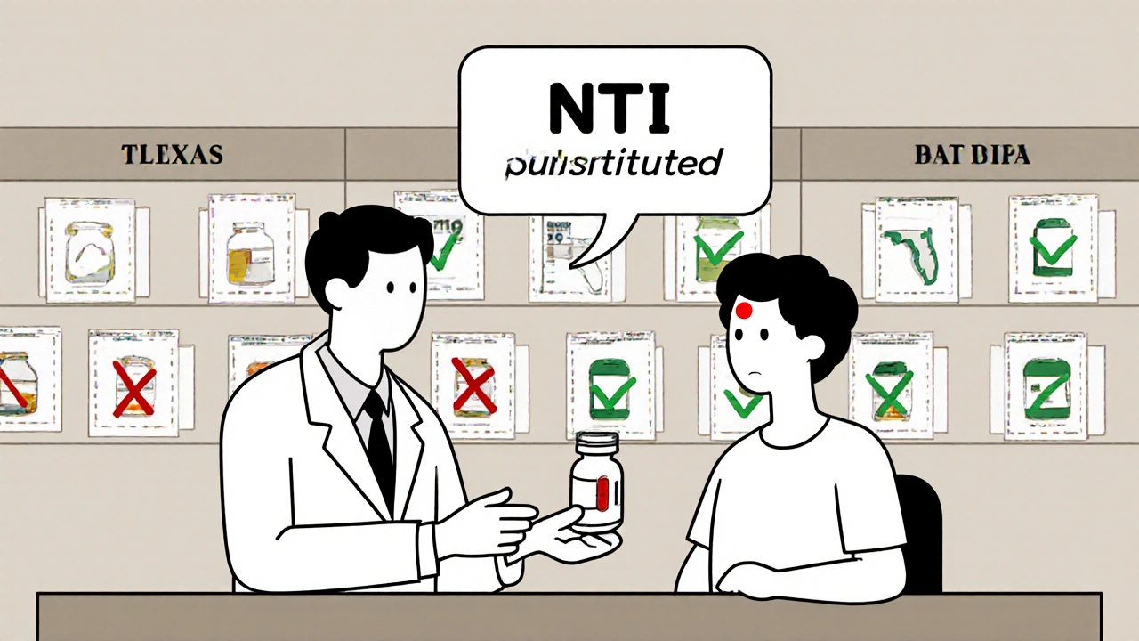 Pharmacien remet un médicament à un patient, une alerte flottante indique une substitution NTI.