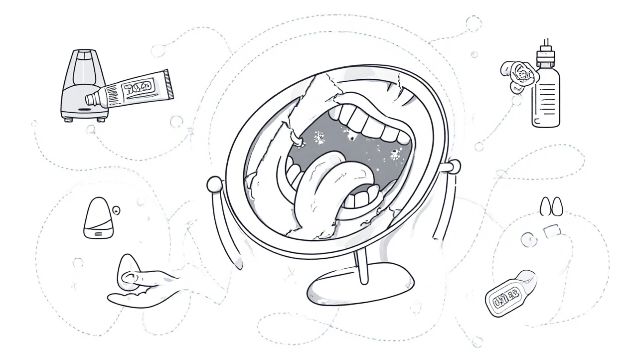 Reflet dentaire d&#039;une bouche sèche avec produits de soin autour : dentifrice, humidificateur et spray.