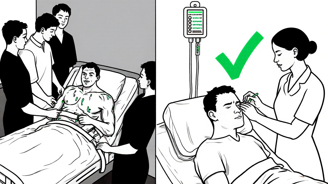 Scène divisée : patient retenue en haut, sédégué en bas, illustrant la différence entre une mauvaise et une bonne prise en charge.