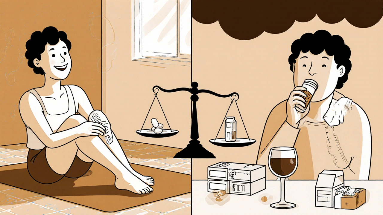 Scène divisée : une personne appliquant un gel sur le genou vs une autre prenant des pilules avec de l&#039;alcool.