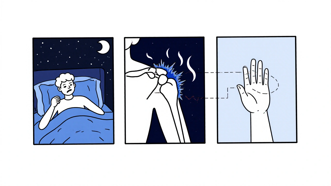 Séquence en trois parties montrant l&#039;évolution d&#039;une épaule gelée de la douleur à la récupération.