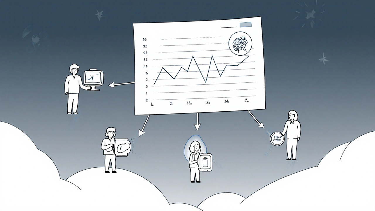 Tableau médical connecté à cinq patients sous traitements NTI, avec alertes numériques douces.