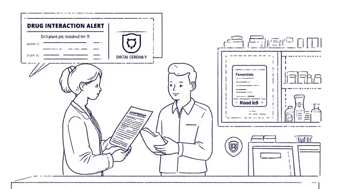 Un patient et un défenseur certifié à la pharmacie, vérifiant une ordonnance avec un alerte d&#039;interaction médicamenteuse.