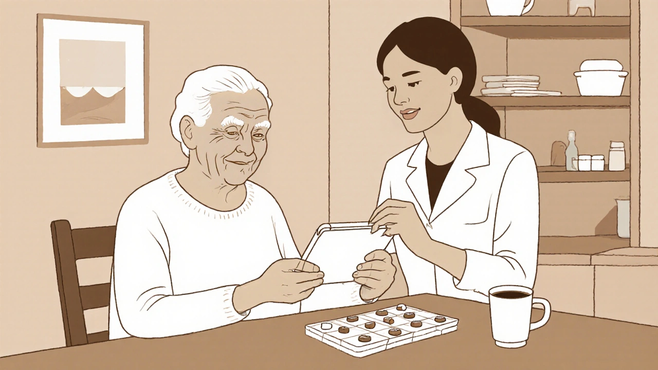 Un pharmacien aide une personne âgée à configurer une application de prise de médicaments.