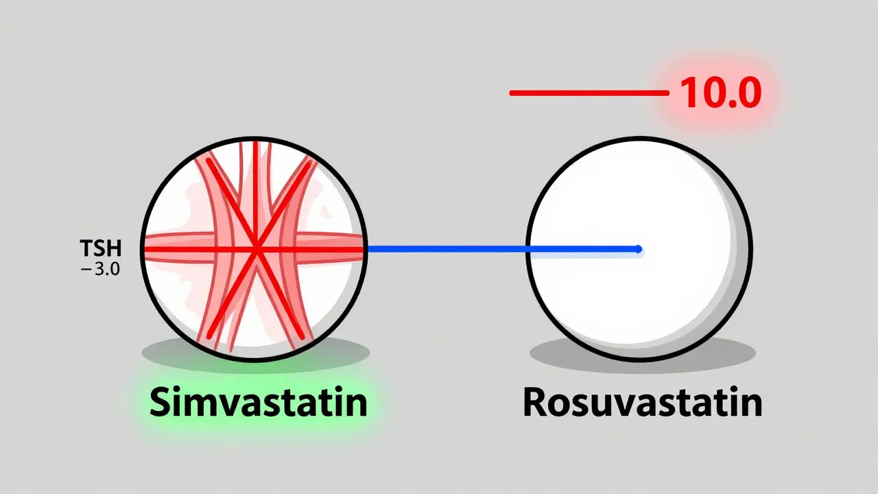 Comparaison monoline de deux statines : l'une dangereuse pour les muscles, l'autre sécurisée chez les hypothyroïdiens.