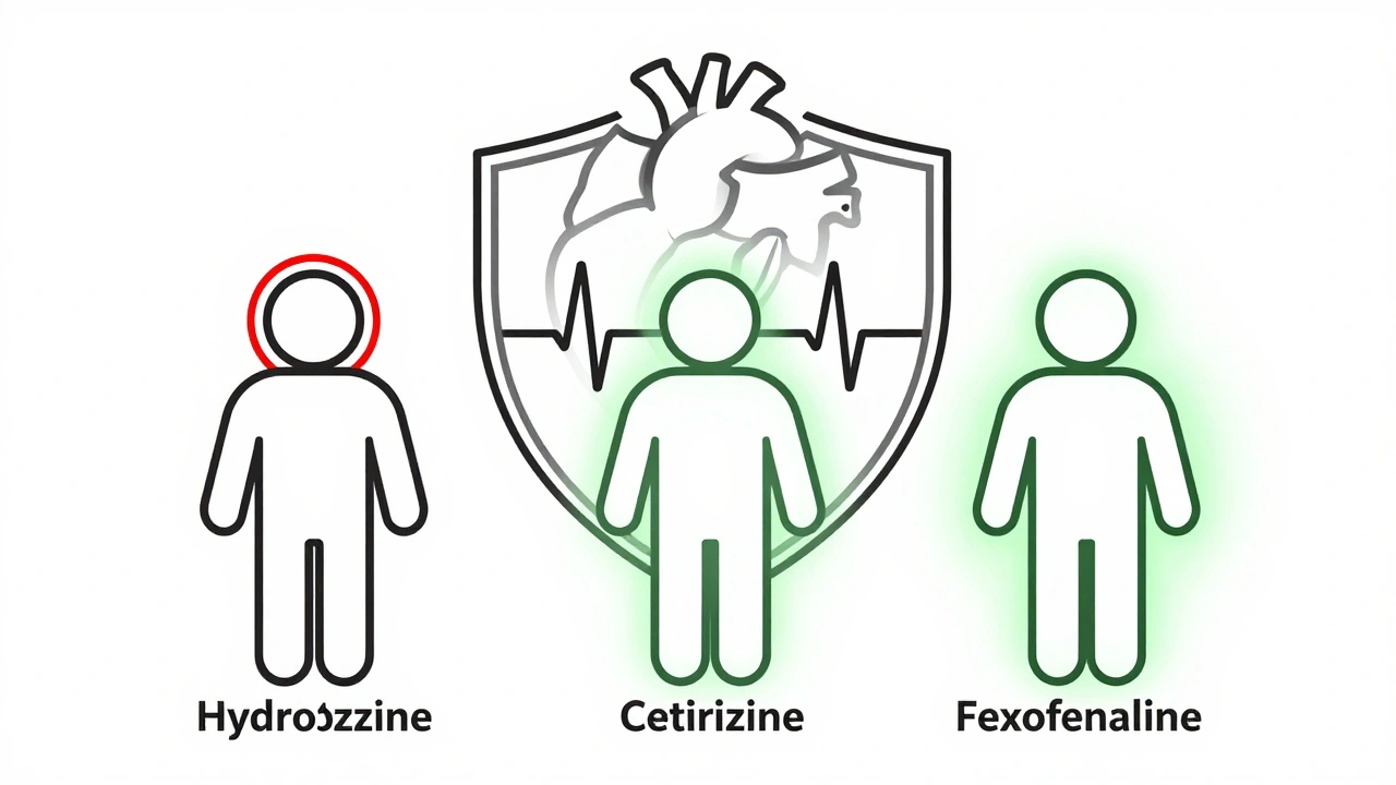 Comparaison stylisée de trois antihistaminiques : deux à risque avec des halos rouges, trois sûrs avec une lumière verte.