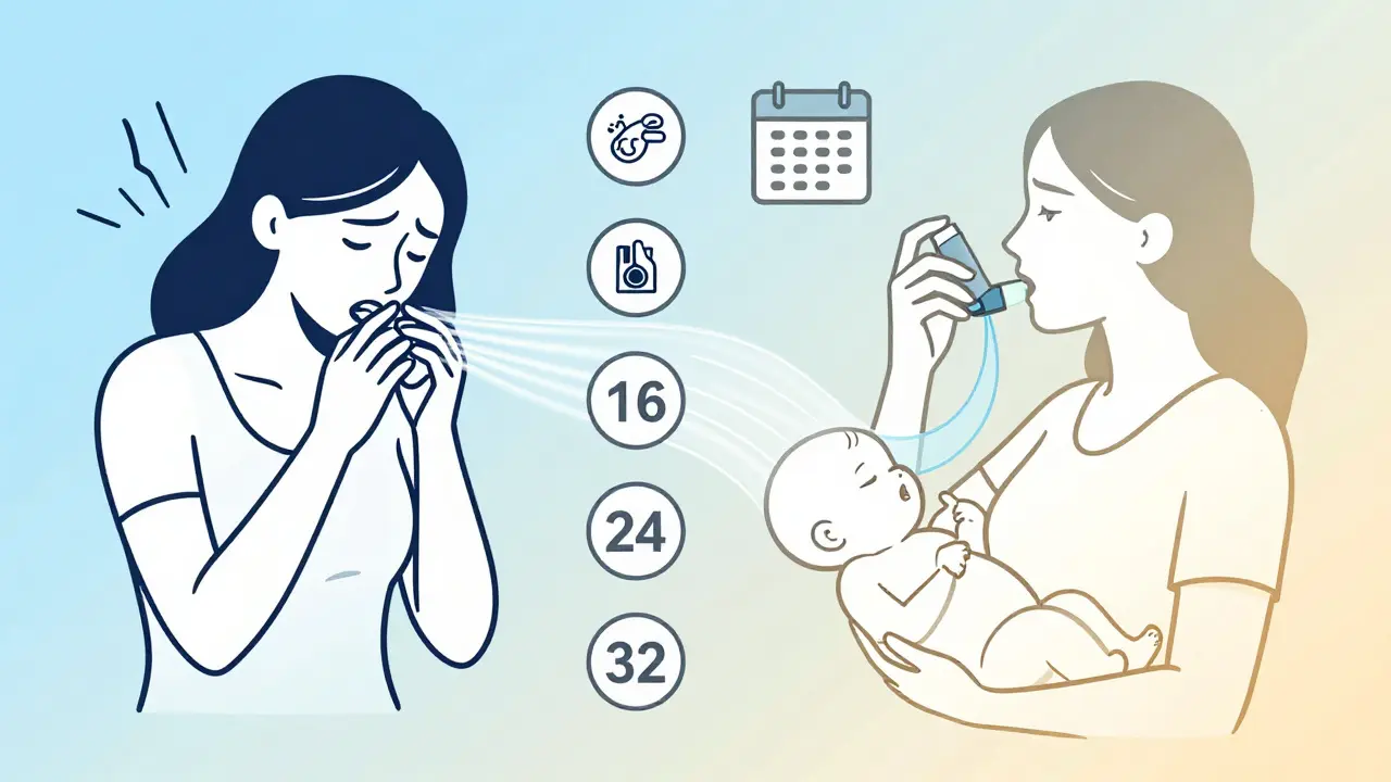 Comparaison visuelle entre une crise d'asthme non traitée et un traitement sécurisé pendant la grossesse.