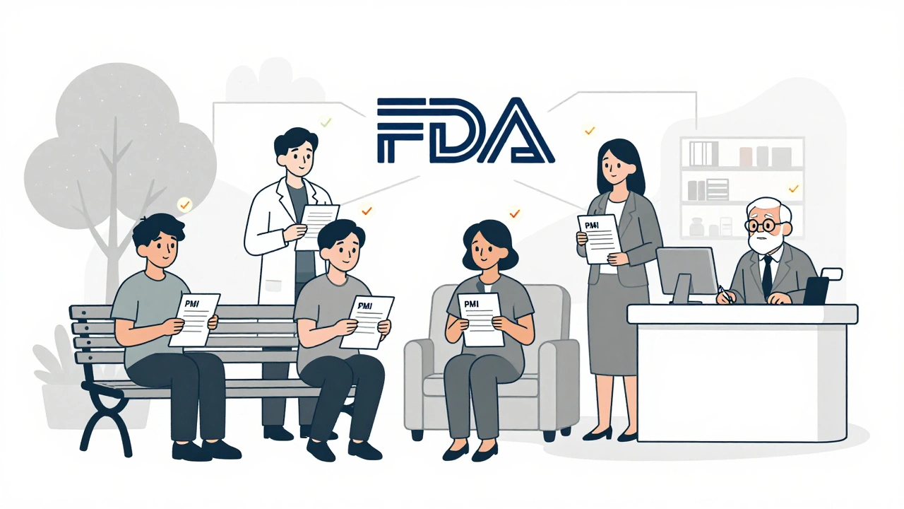 Des patients diversifiés tiennent des documents PMI dans différents lieux, avec des icônes de compréhension au-dessus d&#039;eux.