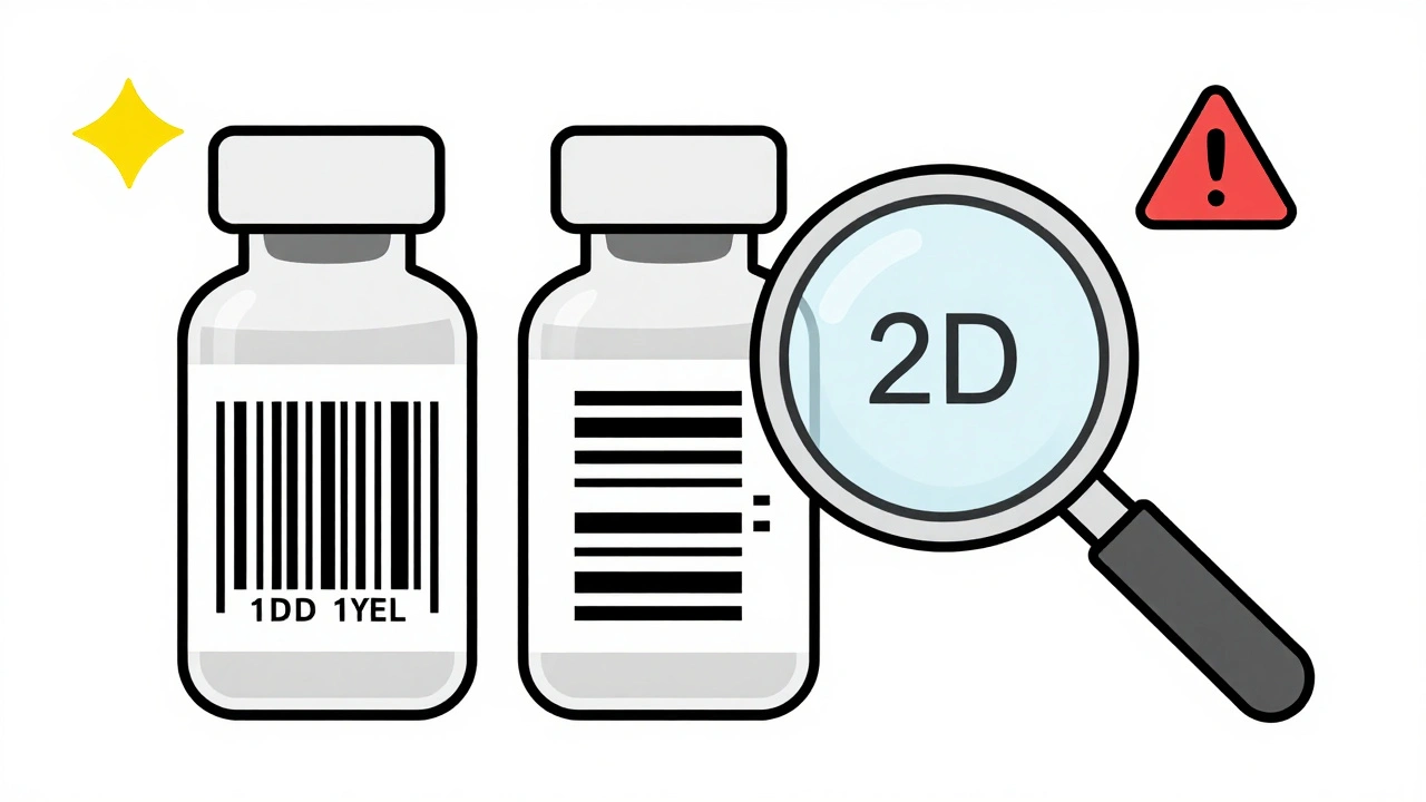 Deux flacons de médicaments comparés : l&#039;un avec code-barres linéaire, l&#039;autre avec code 2D révélant des données supplémentaires.