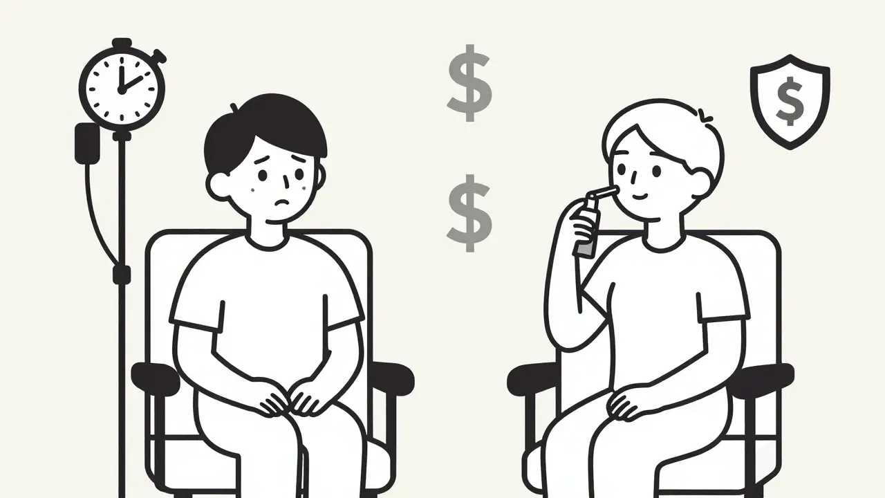 Deux patients en consultation, l'un avec une perfusion, l'autre avec un spray nasal, représentant deux approches de traitement.